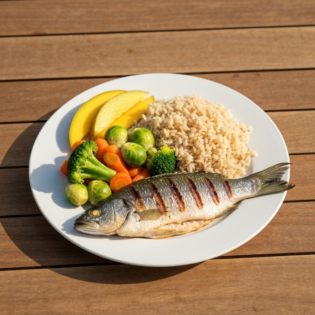 Hidangan seimbang dengan ikan, sayuran, nasi merah, dan buah tropis