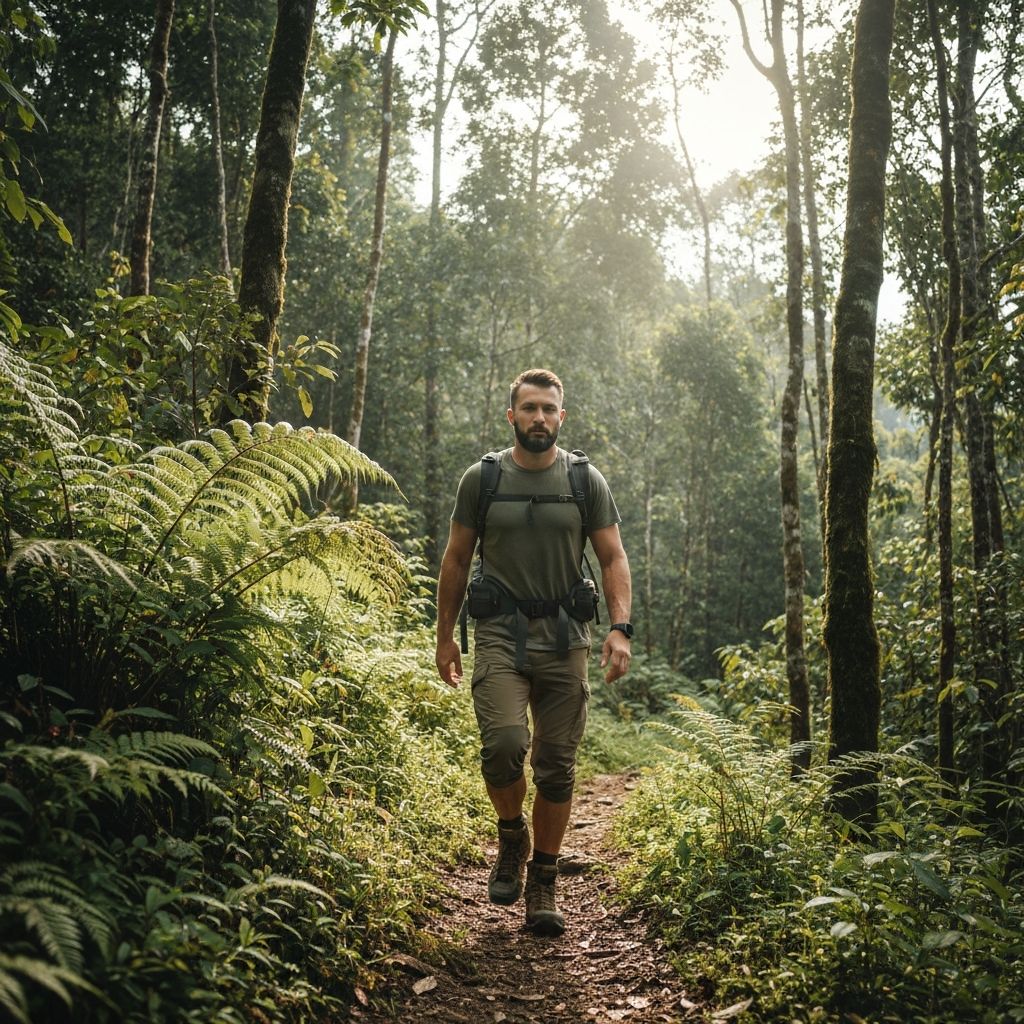 Pria mendaki jalur hutan tropis dengan pemandangan indah