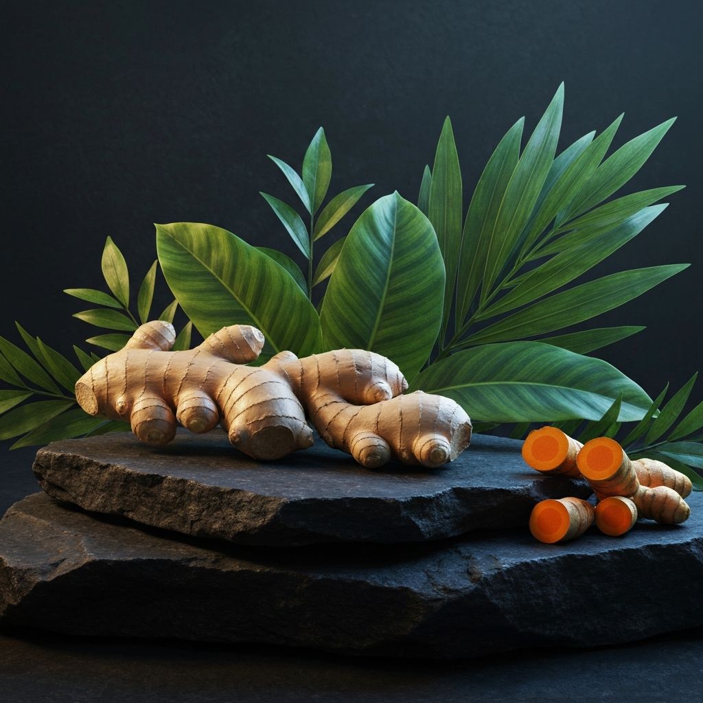 Rempah-rempah dan tanaman herbal tropis di atas batu gelap